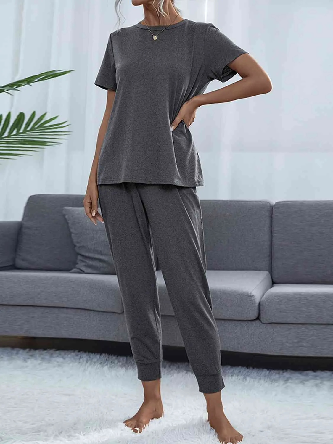 Round Neck Short Sleeve Top and Pants Lounge Set (5 Colors)