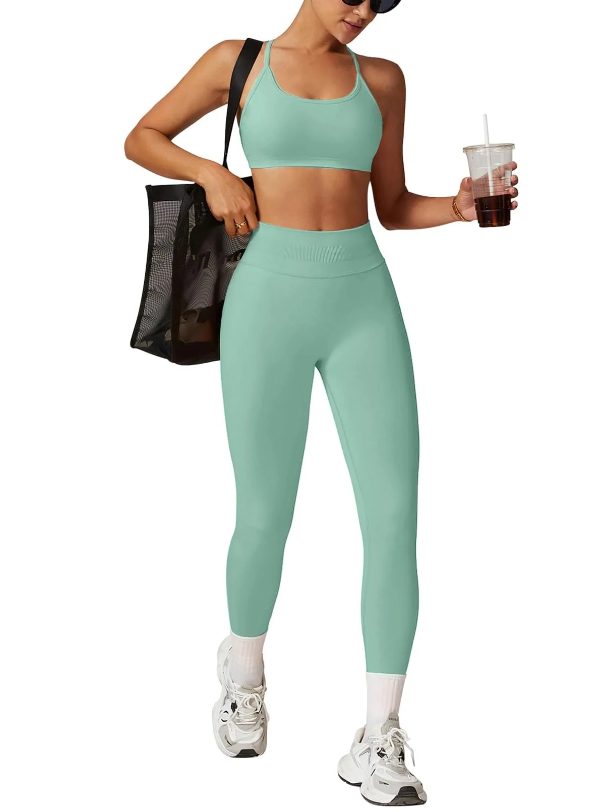Scrunch Butt Impact Leggings for Women Mid Low Waist 25" Seamless Gym Yoga Pants Tummy Control Compression Booty Tights Light Green