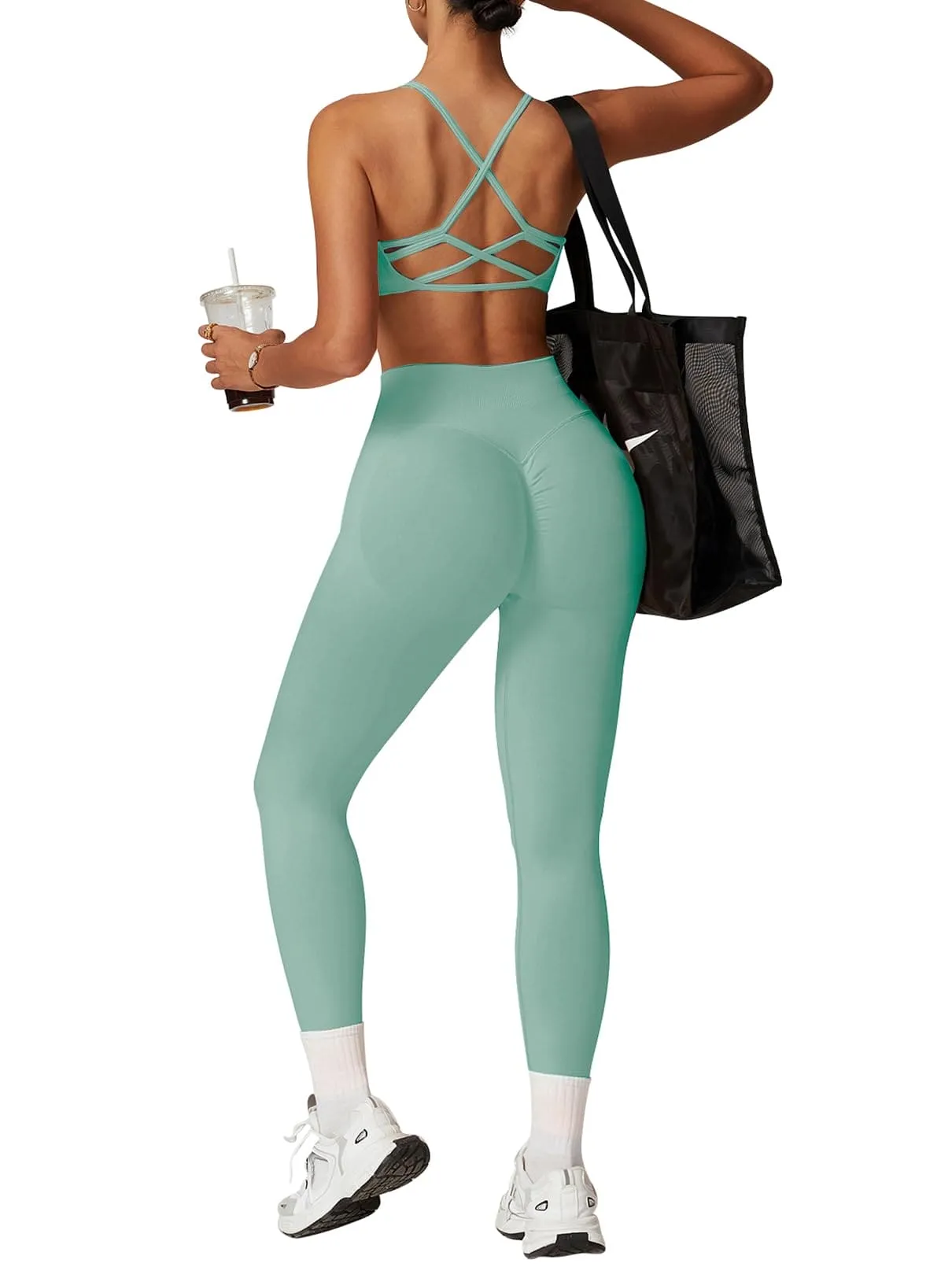 Scrunch Butt Impact Leggings for Women Mid Low Waist 25" Seamless Gym Yoga Pants Tummy Control Compression Booty Tights Light Green