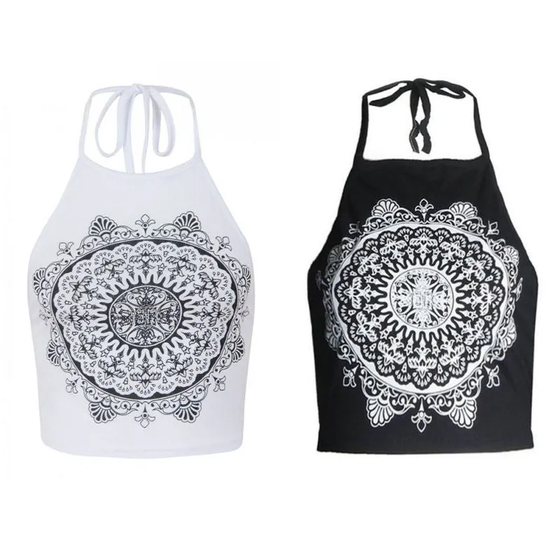Sexy Women Sleeveless Backless Crop Tops Floral Halter Tank Tops Casual Vest T-shirt NW
