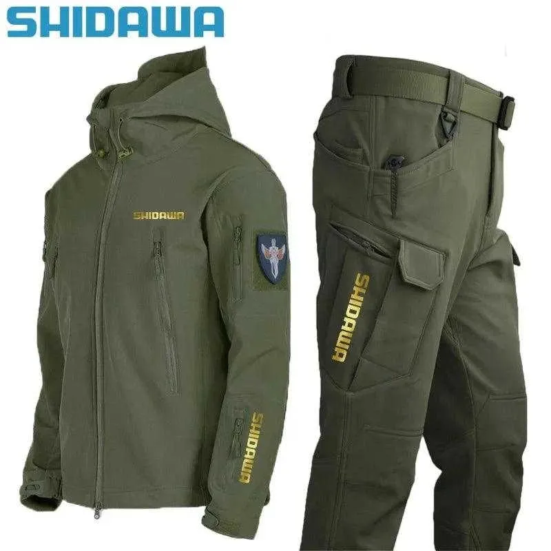 Shidawa Autumn Winter Men's Waterproof Warm Fishing Set Windproof Hooded Jacket Army Combat Pants Outdoor Hiking Camping Clothes
