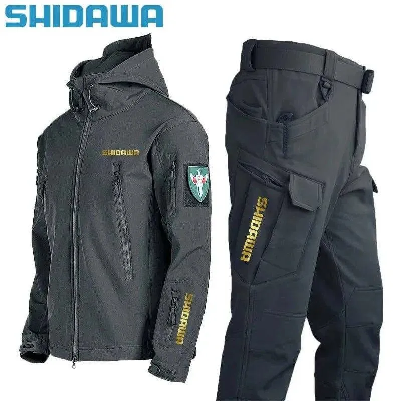 Shidawa Autumn Winter Men's Waterproof Warm Fishing Set Windproof Hooded Jacket Army Combat Pants Outdoor Hiking Camping Clothes