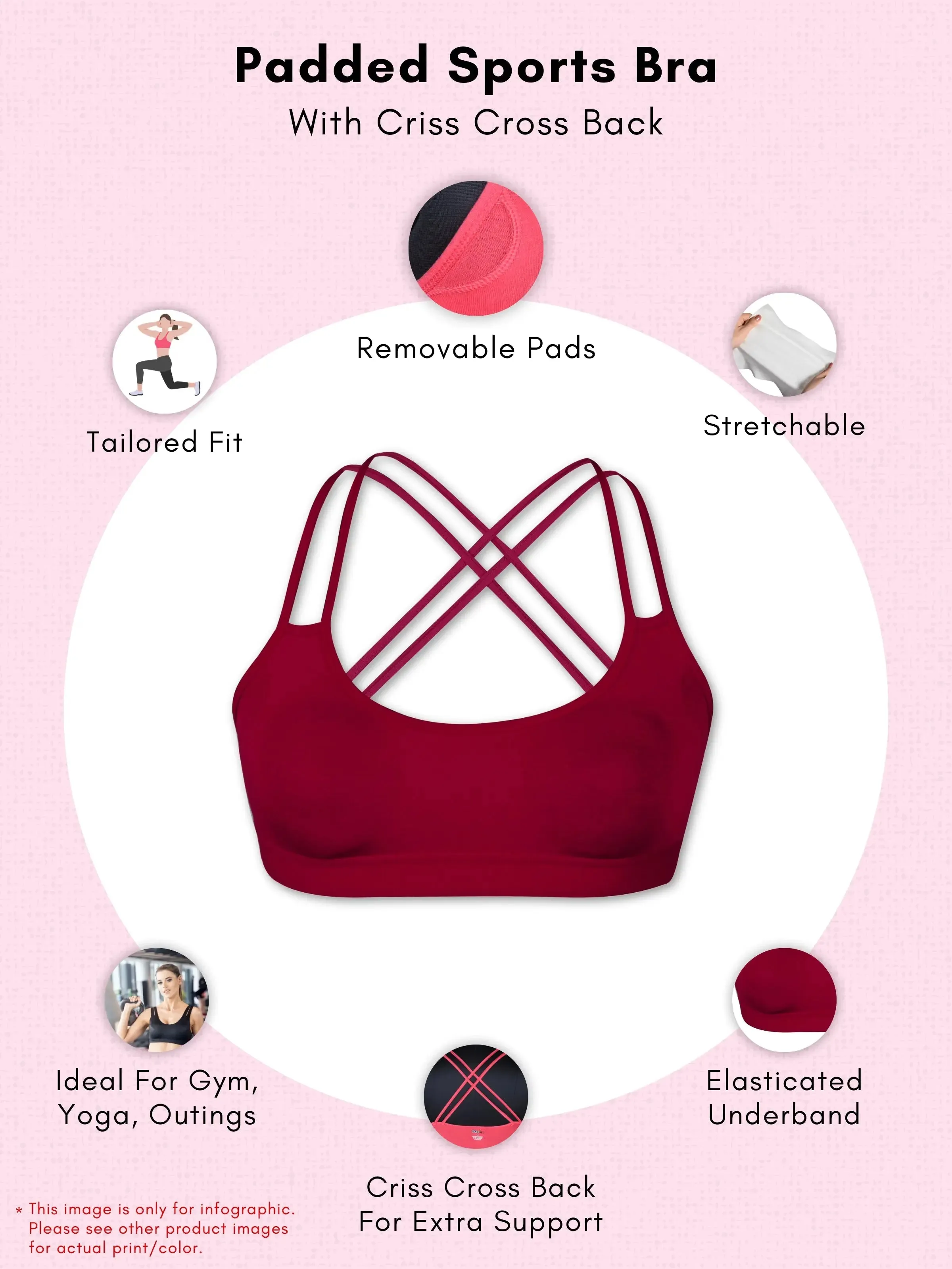 Skin Sports Bra with Criss-Cross Back, Cotton Material, Removable Pads, and Elasticated Underband for Full Coverage