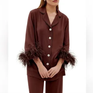 Sleeper Feather Party Pajama Top in Whiskey Brown Small Loungewear TOP ONLY