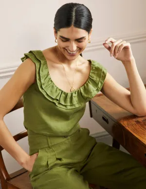 Sleeveless Ruffle Linen Top-Pea Green
