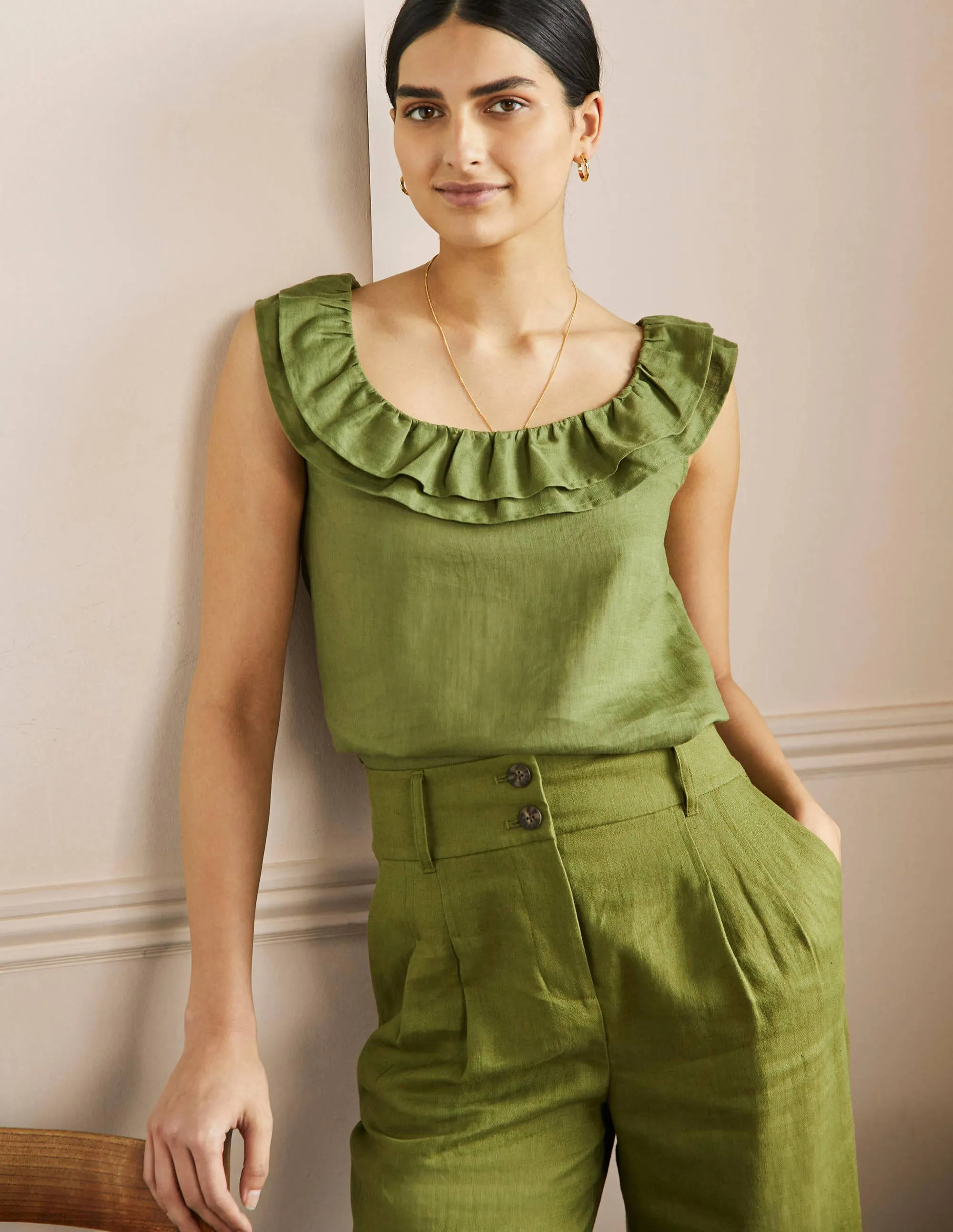 Sleeveless Ruffle Linen Top-Pea Green