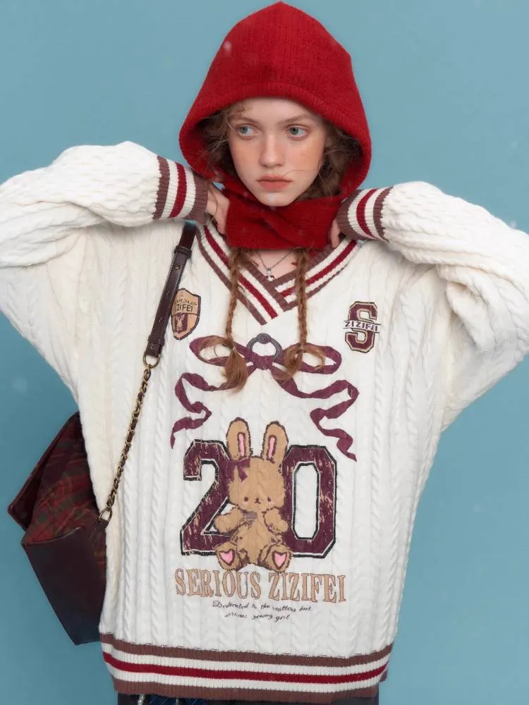 Sports style bunny V neck sweater【s0000011034】