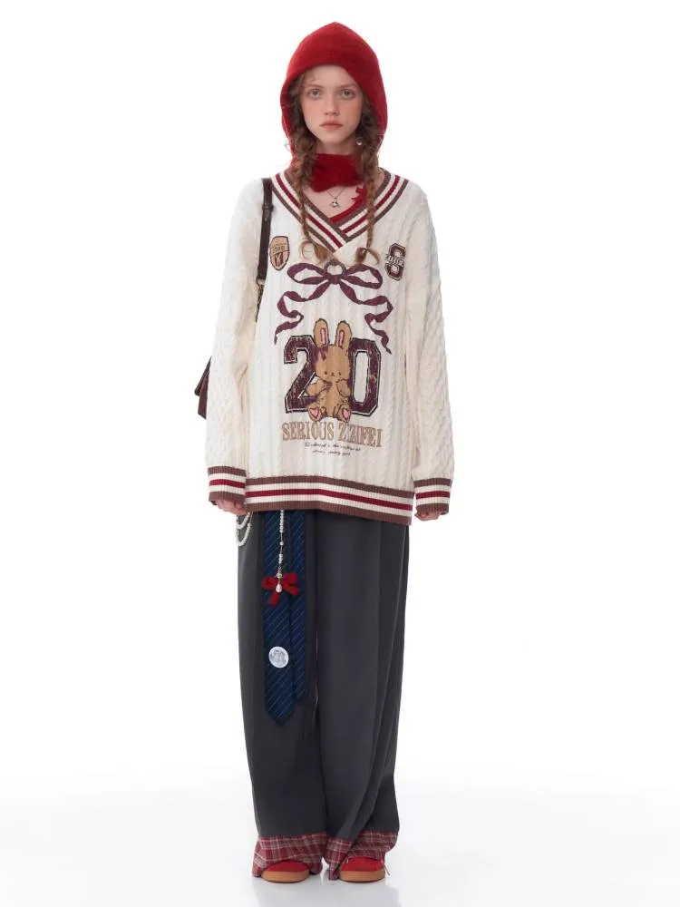Sports style bunny V neck sweater【s0000011034】