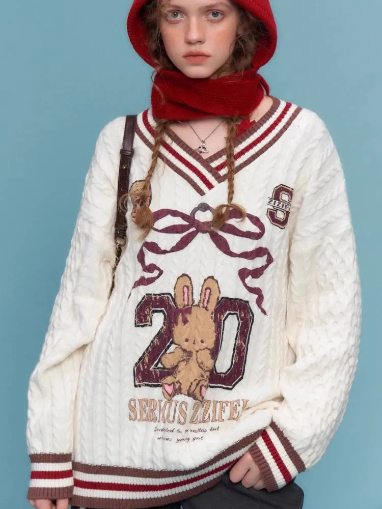 Sports style bunny V neck sweater【s0000011034】
