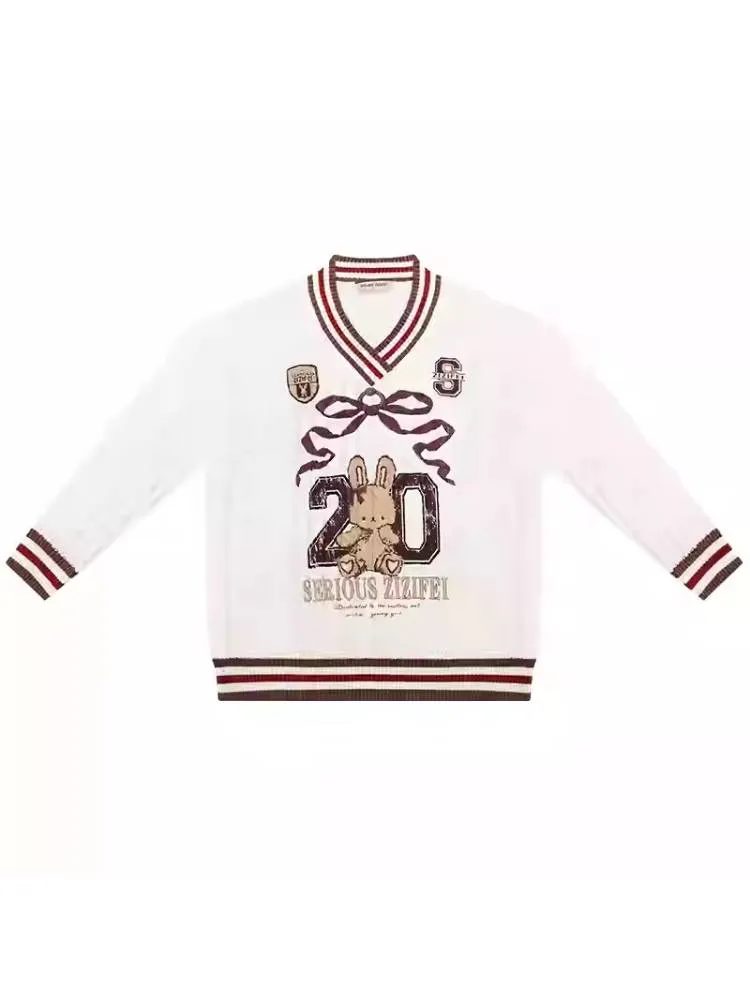 Sports style bunny V neck sweater【s0000011034】