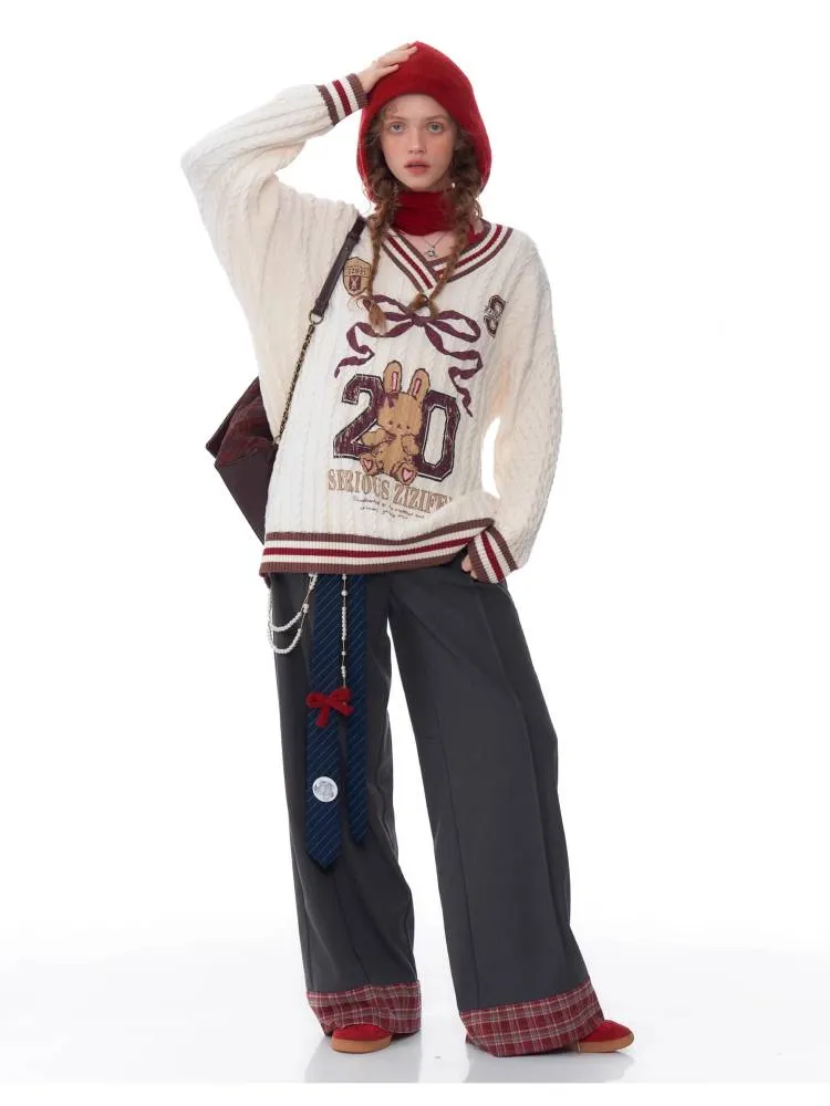 Sports style bunny V neck sweater【s0000011034】