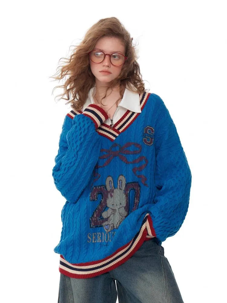 Sports style bunny V neck sweater【s0000011034】