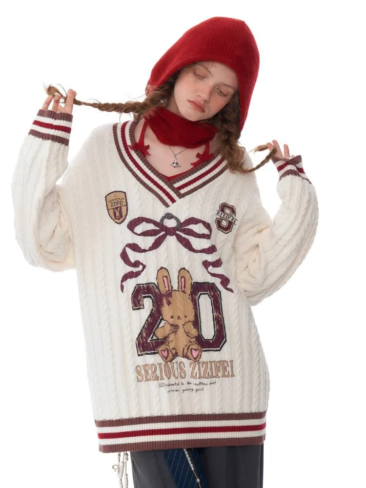 Sports style bunny V neck sweater【s0000011034】