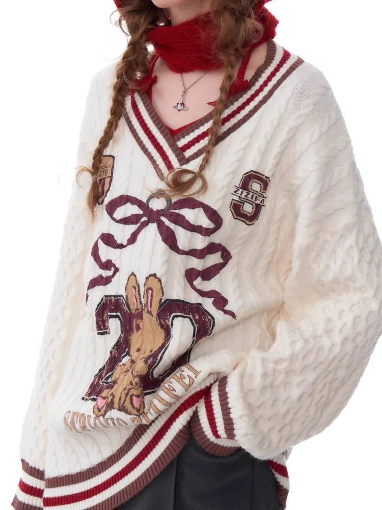 Sports style bunny V neck sweater【s0000011034】