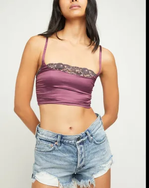 Stretch Satin Lace Spaghetti Strap Crop Top
