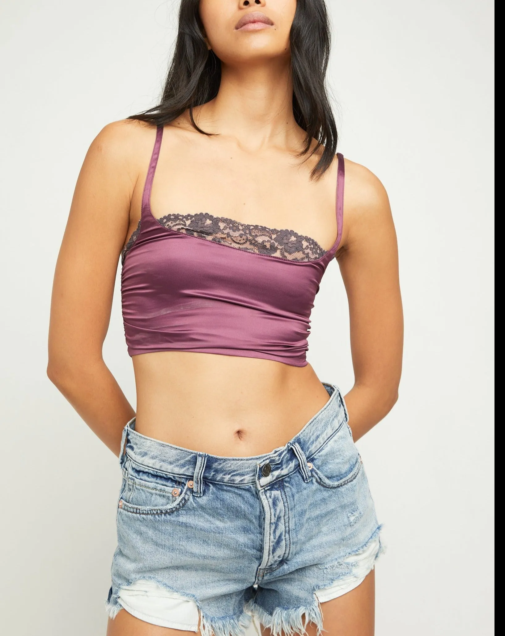 Stretch Satin Lace Spaghetti Strap Crop Top