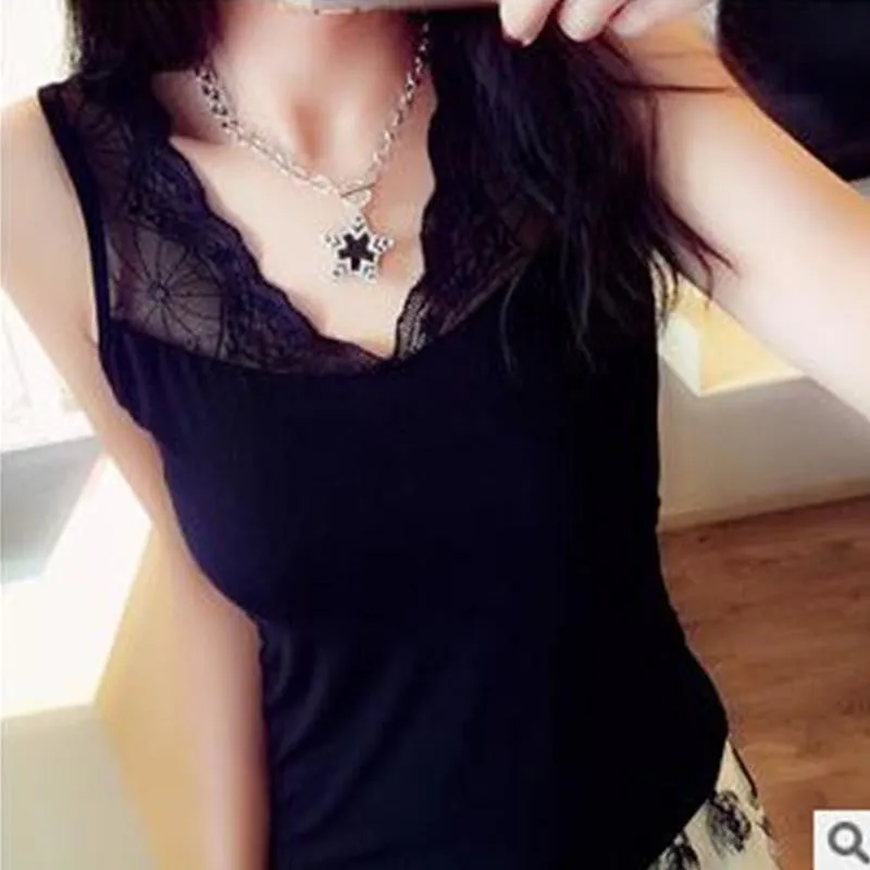 T shirt Women Tops Fashion V-neck Tops Lace Patchwork Sleeveless tee shirt