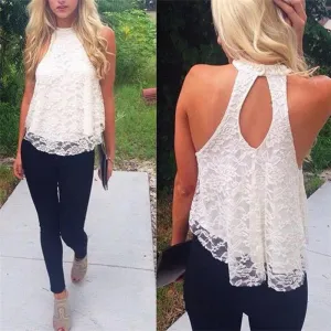 Tank Tops Fashion Halter Crochet Hollow Out Sleeveless Floral Crop Top Solid Lace Cropped Shirt