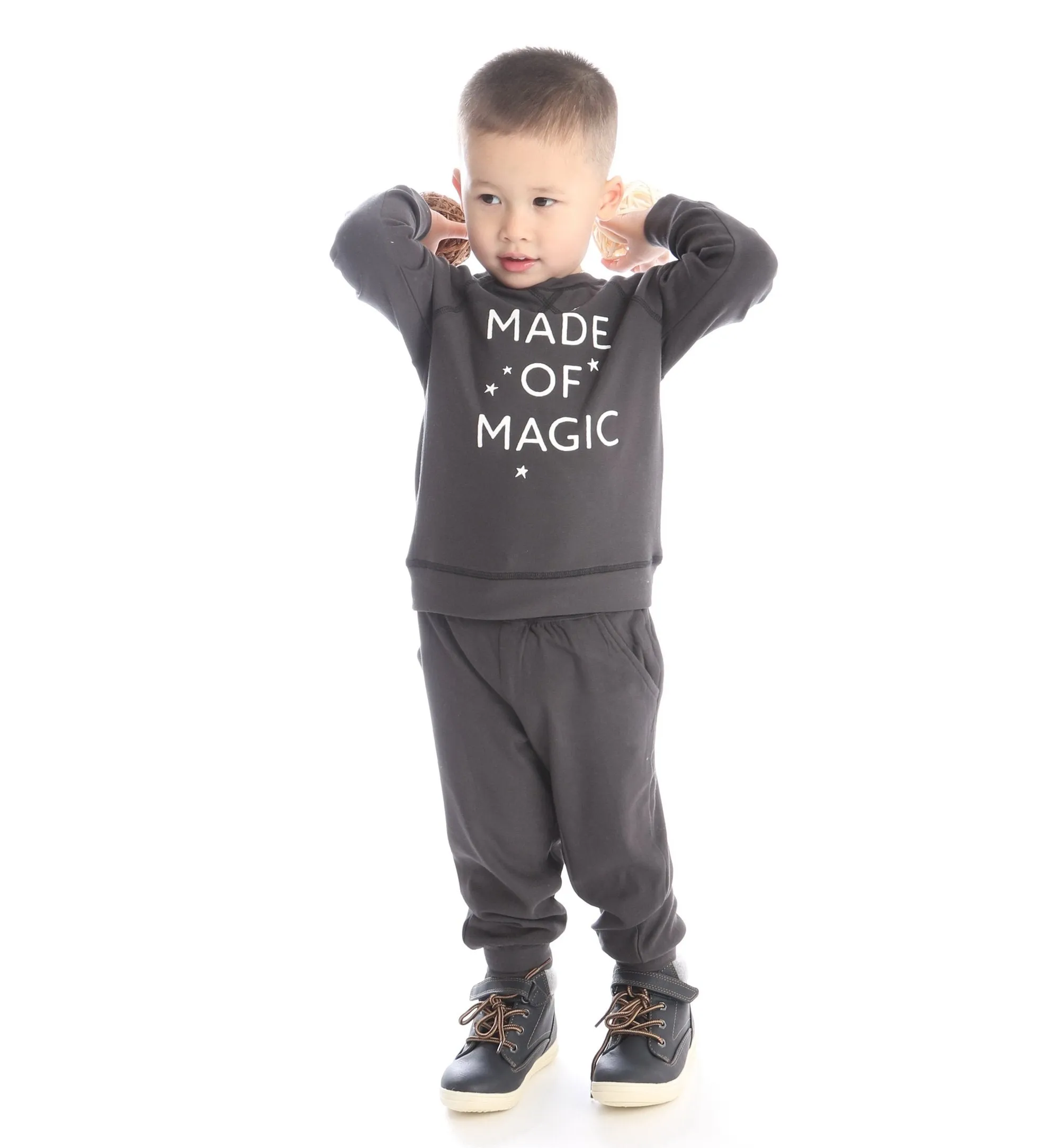 Toddler "made of magic" unisex black bamboo fleece sweat suit set