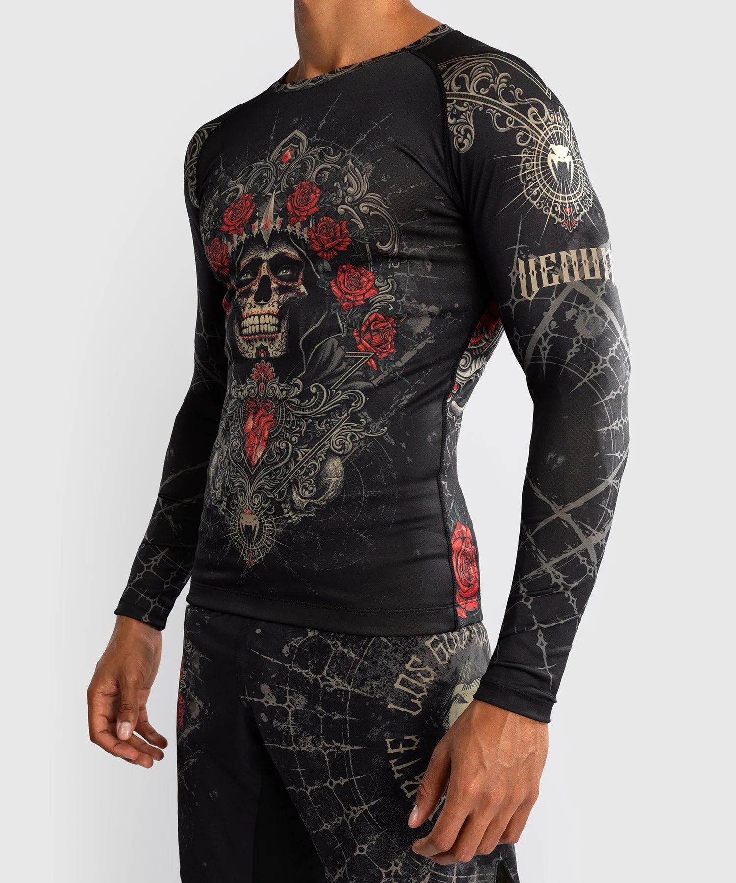 Venum Santa Muerte 5.0 Lange Mouwen Rashguard voor Heren - Diep Zwart/Goud