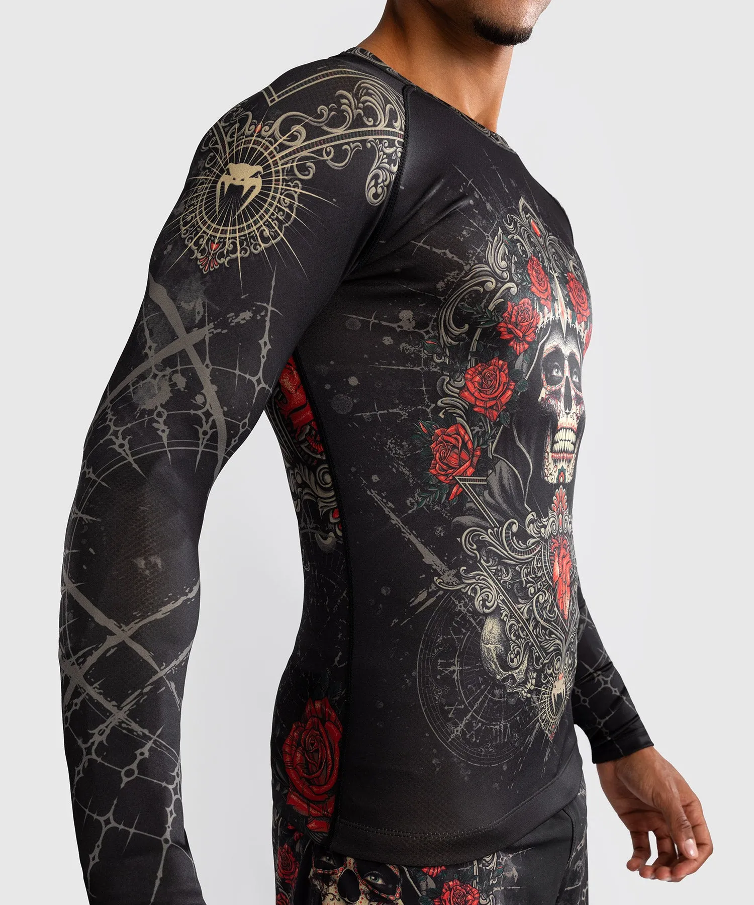 Venum Santa Muerte 5.0 Lange Mouwen Rashguard voor Heren - Diep Zwart/Goud