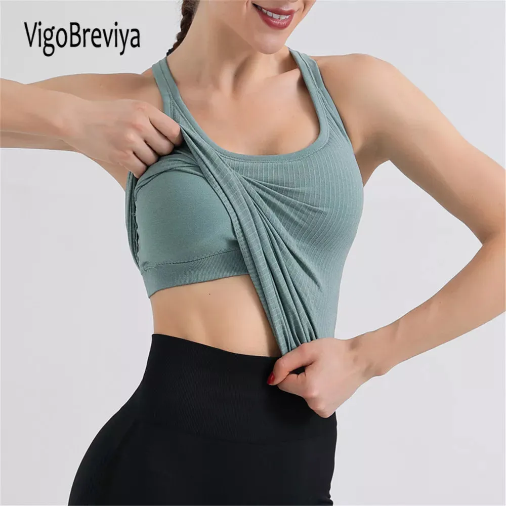 VigoBreviya 2025 Women's Sleeveless Seamless Yoga Tops with Bra for Fitness, Gym, Running & Workout