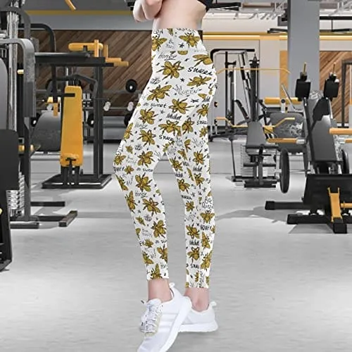 visesunny High Waist Yoga Pants with Pockets Honey Bee Golden Embroidery Queen Crown Tummy Control Workout Running Yoga Leggings for Women