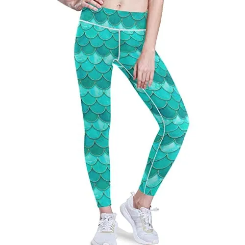 visesunny High Waist Yoga Pants with Pockets Pretty Blue Mermaid Scale Buttery Soft Tummy Control Running Workout Pants 4 Way Stretch Pocket Leggings