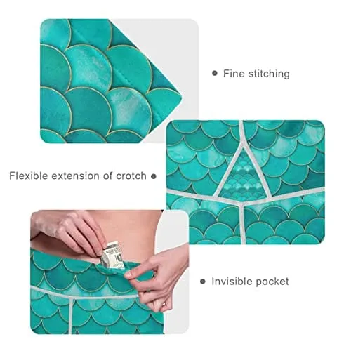 visesunny High Waist Yoga Pants with Pockets Pretty Blue Mermaid Scale Buttery Soft Tummy Control Running Workout Pants 4 Way Stretch Pocket Leggings
