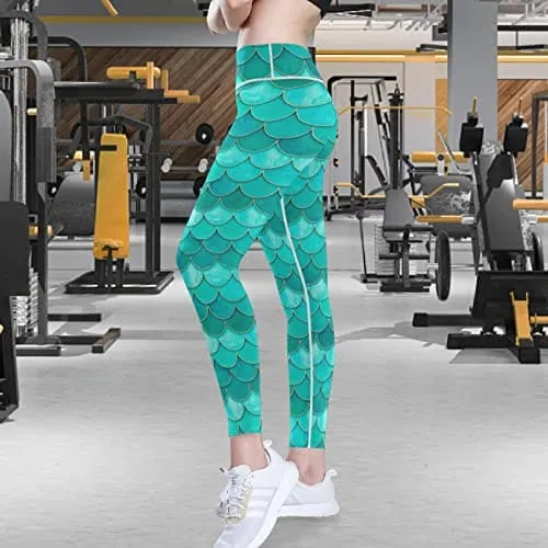 visesunny High Waist Yoga Pants with Pockets Pretty Blue Mermaid Scale Buttery Soft Tummy Control Running Workout Pants 4 Way Stretch Pocket Leggings