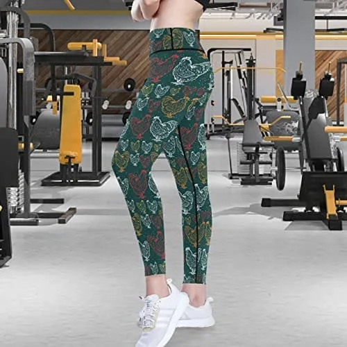 visesunny High Waist Yoga Pants with Pockets Rooster Dot Decorative Buttery Soft Tummy Control Running Workout Pants 4 Way Stretch Pocket Leggings