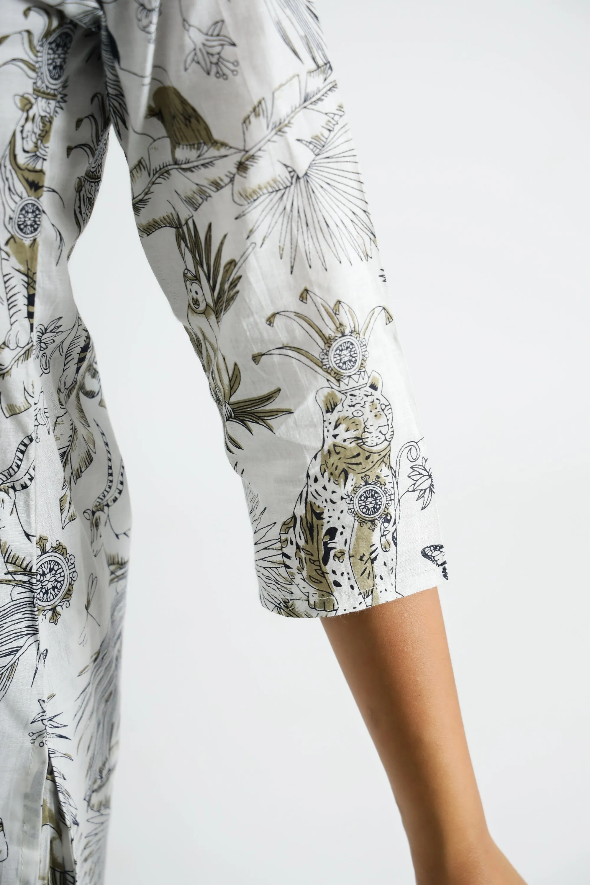 White & Gold Jungle Collared Cotton Lounge Co-Ord Set with 3 button