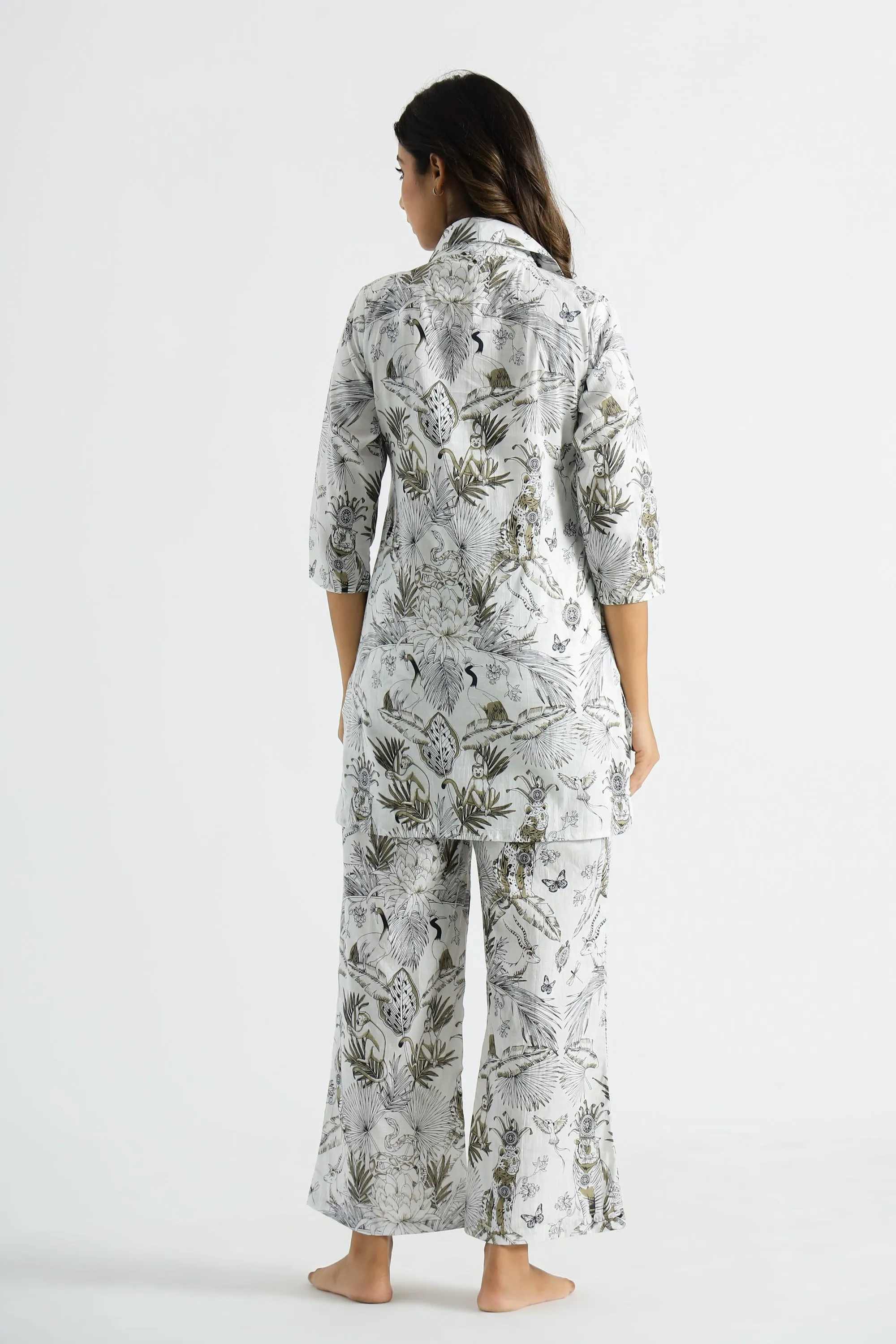 White & Gold Jungle Collared Cotton Lounge Co-Ord Set with 3 button