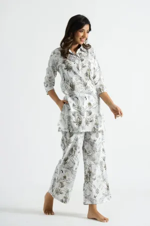 White & Gold Jungle Collared Cotton Lounge Co-Ord Set with 3 button