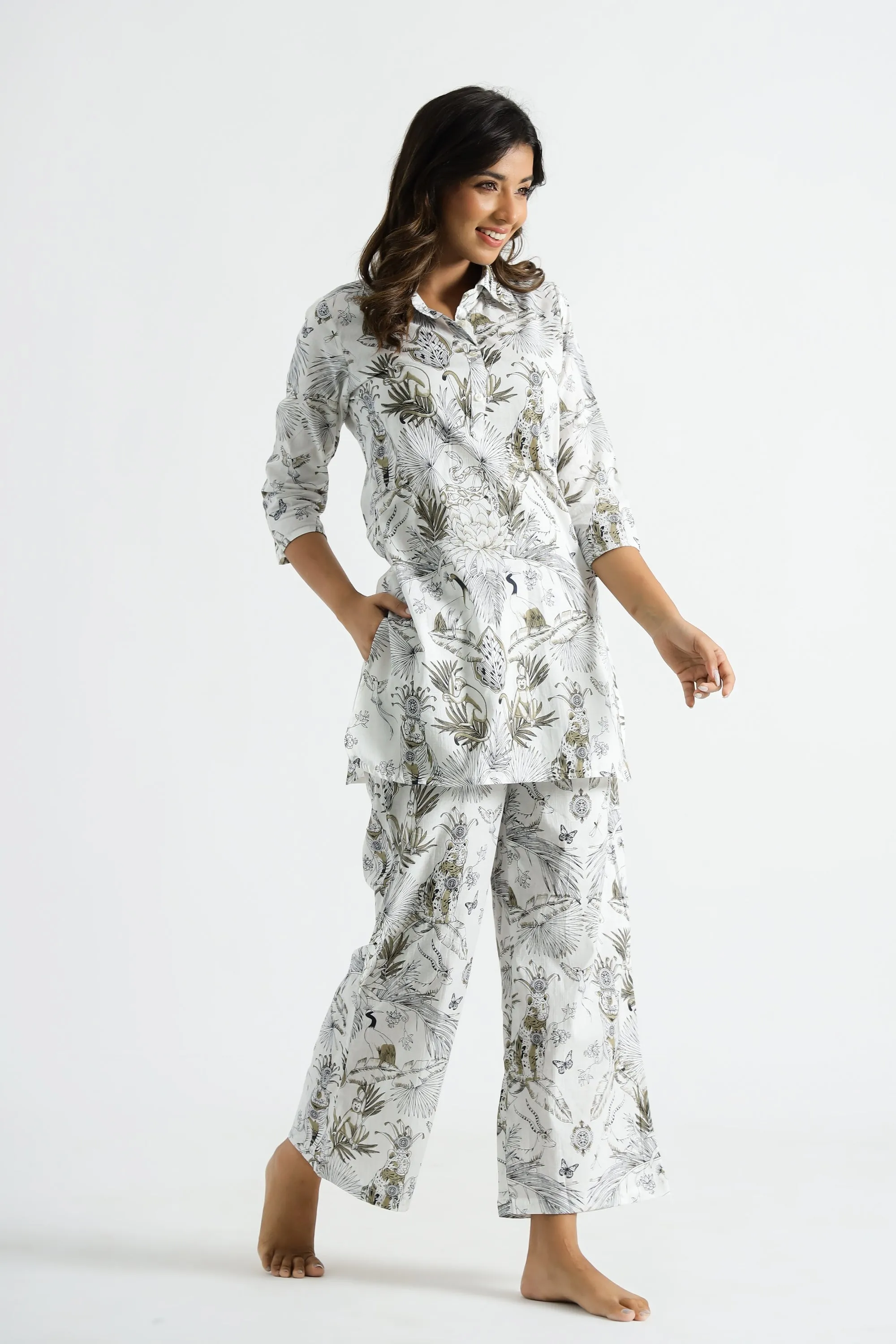 White & Gold Jungle Collared Cotton Lounge Co-Ord Set with 3 button