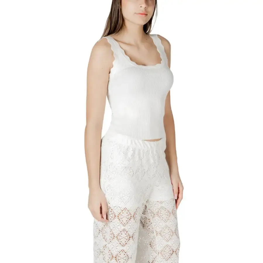 White Scalloped Trim Tank Top and Lace Pants