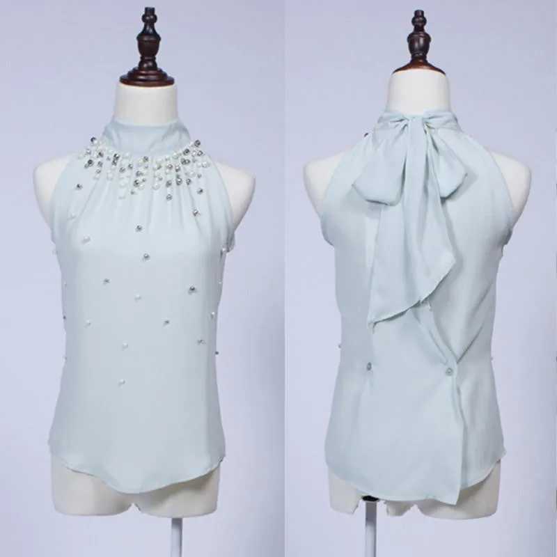 Women Beading Chiffon Shirt Fashion Sleeveless Women Chiffon Blouse Shirt Women Lace Tank Top