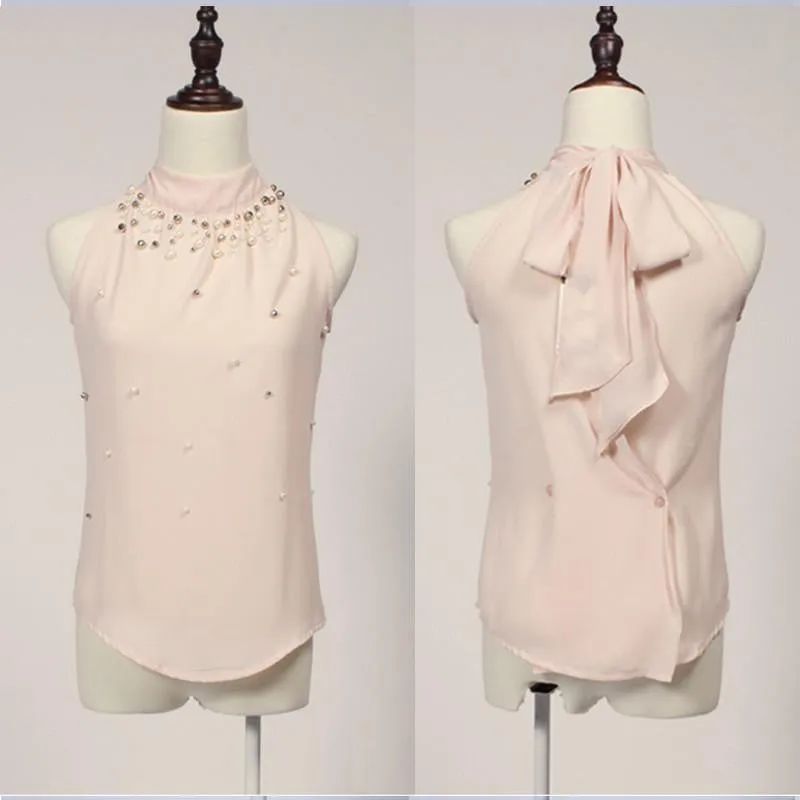Women Beading Chiffon Shirt Fashion Sleeveless Women Chiffon Blouse Shirt Women Lace Tank Top