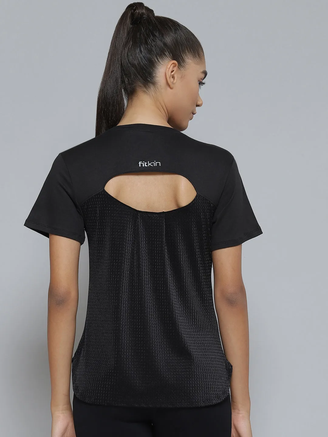 Women Black Anti Odour Cut-out Sports T-shirt
