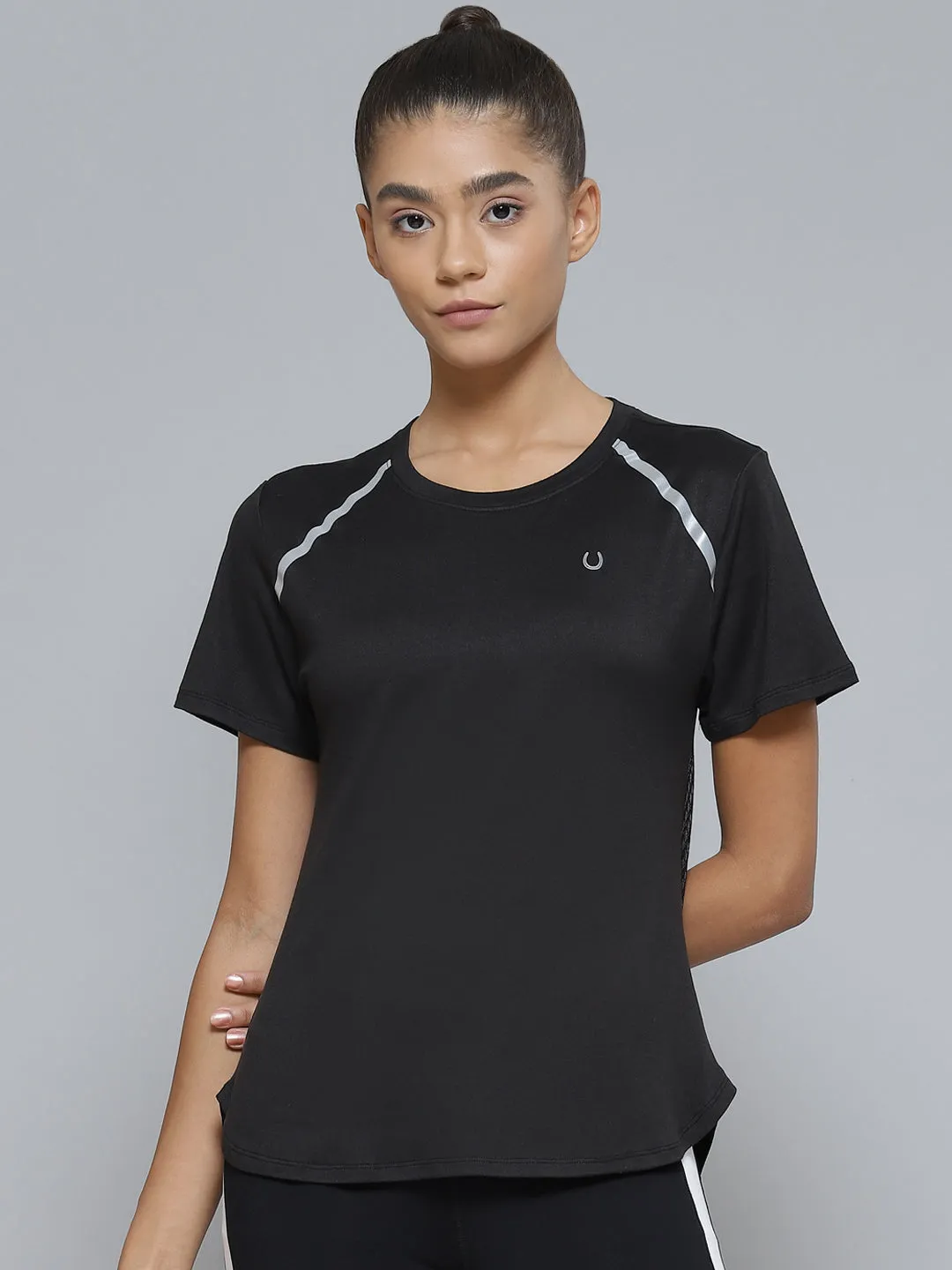 Women Black Anti Odour Cut-out Sports T-shirt