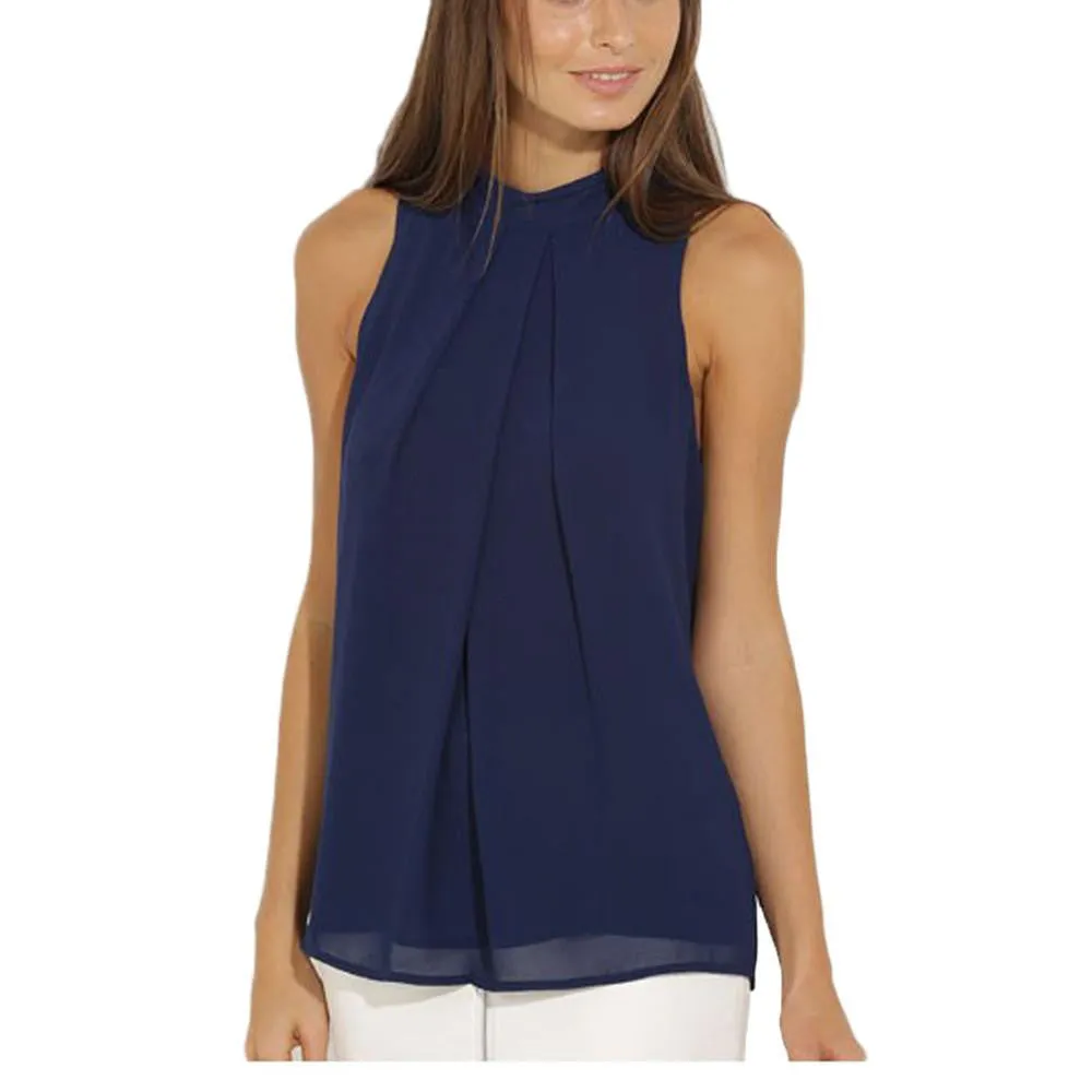 Women Blouse Tops Casual Chiffon Sleeveless Blouse Lady Tops Plus Size