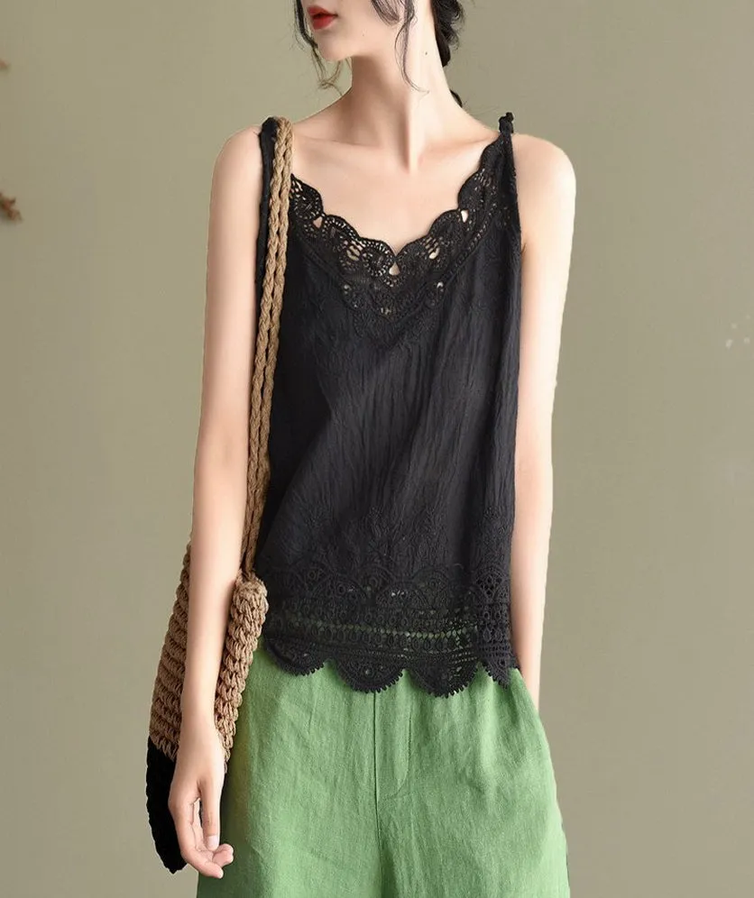 Women Sleeveless Tank Top Crochet Boho Camisole Crop Top Vintage Lace Trim
