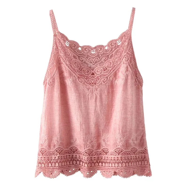 Women Sleeveless Tank Top Crochet Boho Camisole Crop Top Vintage Lace Trim