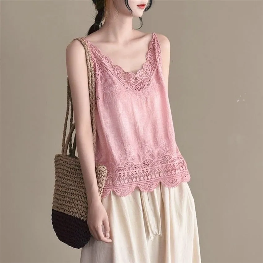 Women Sleeveless Tank Top Crochet Boho Camisole Crop Top Vintage Lace Trim