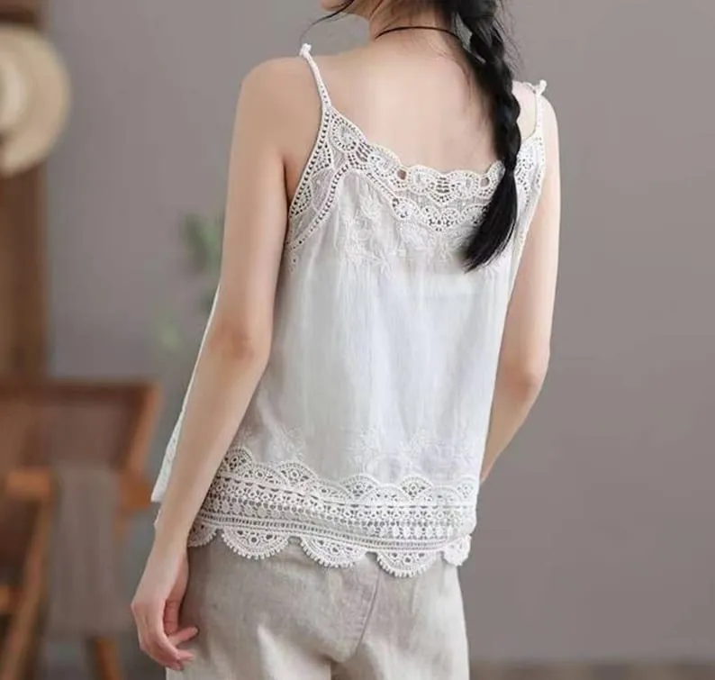 Women Sleeveless Tank Top Crochet Boho Camisole Crop Top Vintage Lace Trim