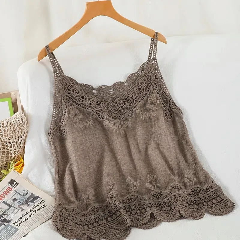 Women Sleeveless Tank Top Crochet Boho Camisole Crop Top Vintage Lace Trim
