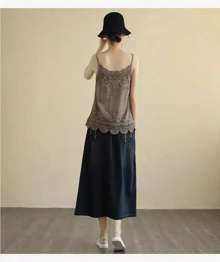Women Sleeveless Tank Top Crochet Boho Camisole Crop Top Vintage Lace Trim