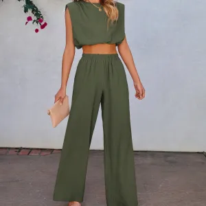 Women Solid Color Sleeveless Top And Long Pants 2-Piece Set For Vacation