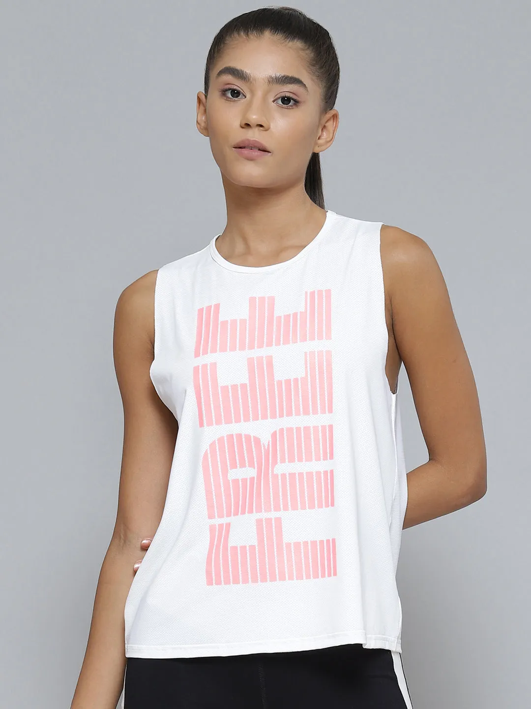 Women White & Pink Typography Printed Loose Sports T-shirt