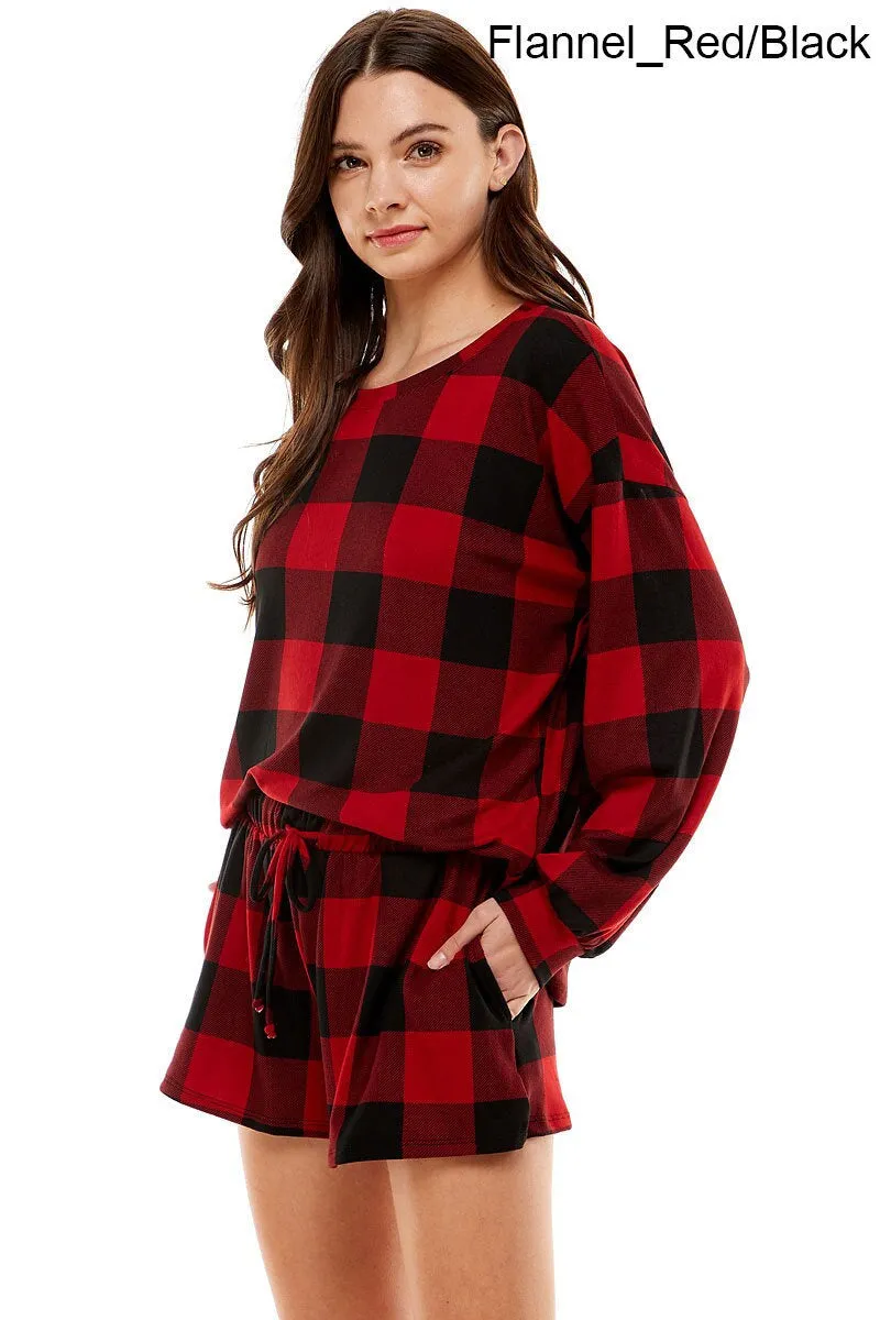Women's Casual Cute Flannel and Leopard Print Pullover Tops and Short Pants Pajama Outfits Sets with Pocket Made in USA